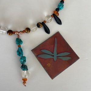 Beautiful handmade beaded necklace + dragonfly pin never worn